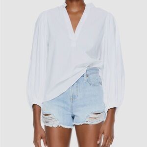 Alice + Olivia Women White Casey Mandarin-Collar Blouson-Sleeve Top